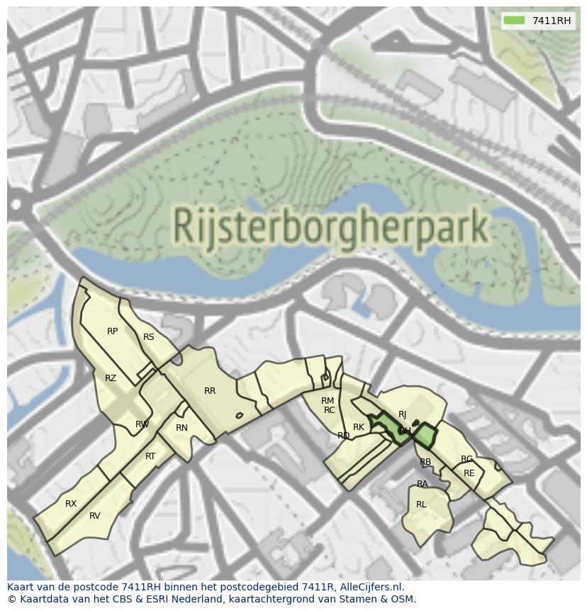 Afbeelding van het postcodegebied 7411 RH op de kaart.