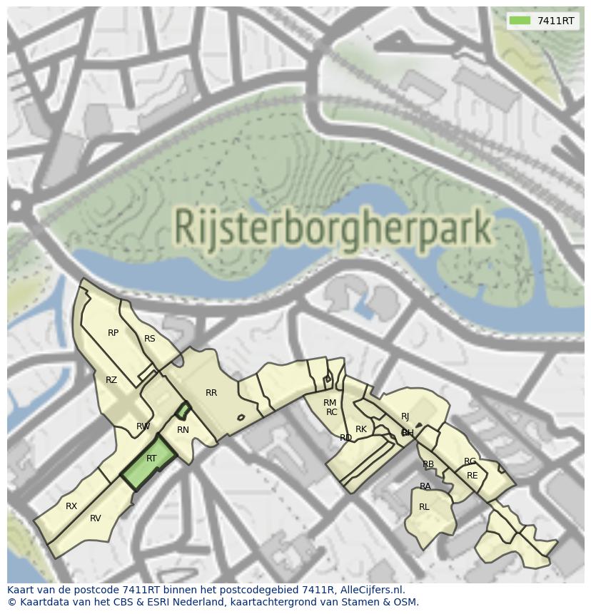 Afbeelding van het postcodegebied 7411 RT op de kaart.