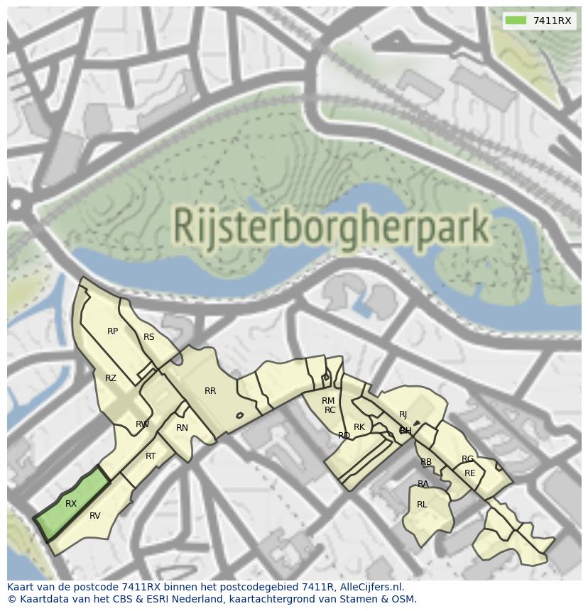 Afbeelding van het postcodegebied 7411 RX op de kaart.