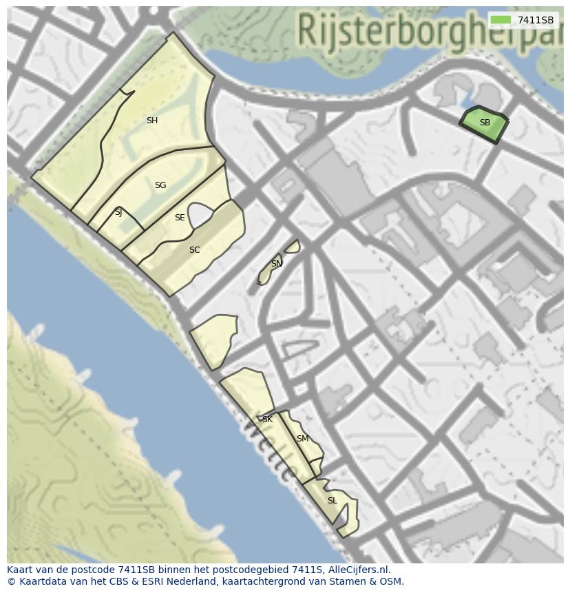 Afbeelding van het postcodegebied 7411 SB op de kaart.