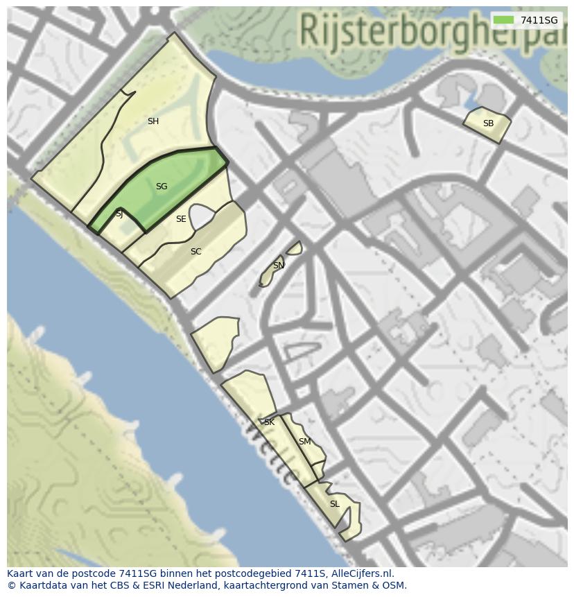 Afbeelding van het postcodegebied 7411 SG op de kaart.