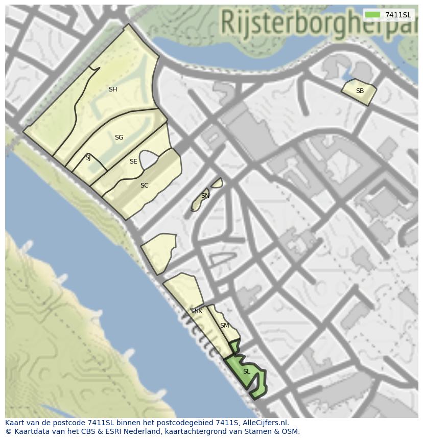 Afbeelding van het postcodegebied 7411 SL op de kaart.