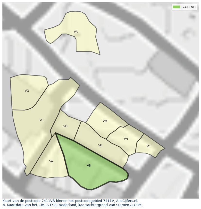 Afbeelding van het postcodegebied 7411 VB op de kaart.