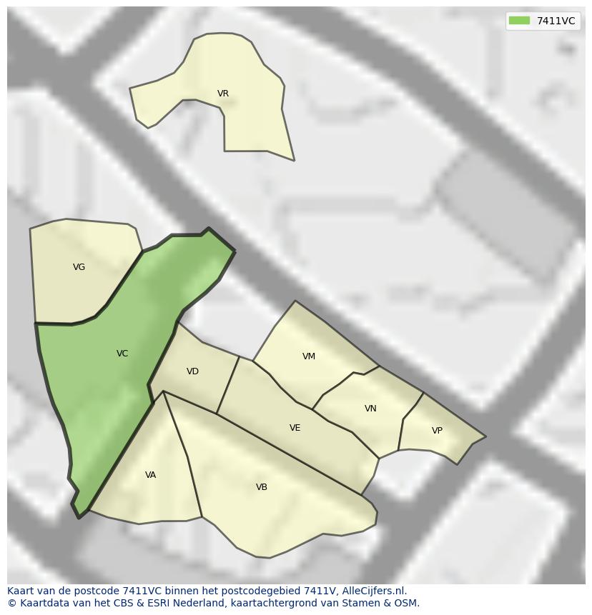 Afbeelding van het postcodegebied 7411 VC op de kaart.