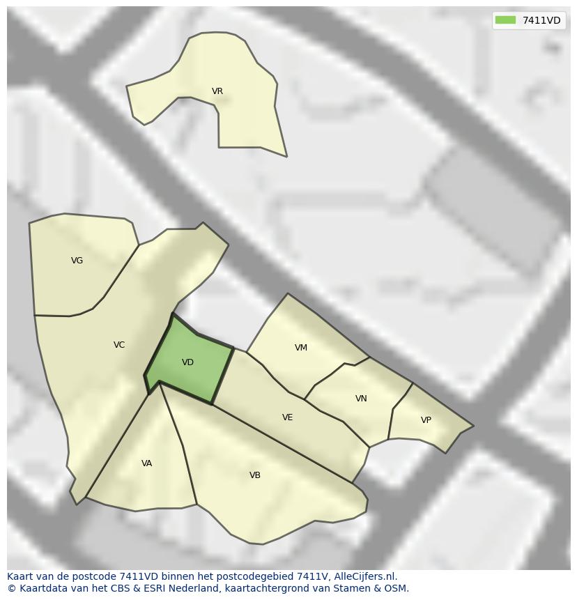 Afbeelding van het postcodegebied 7411 VD op de kaart.