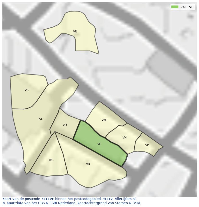 Afbeelding van het postcodegebied 7411 VE op de kaart.