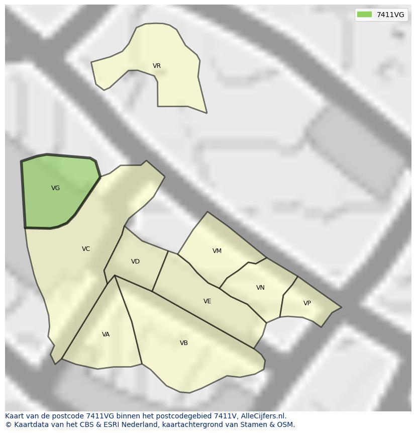 Afbeelding van het postcodegebied 7411 VG op de kaart.