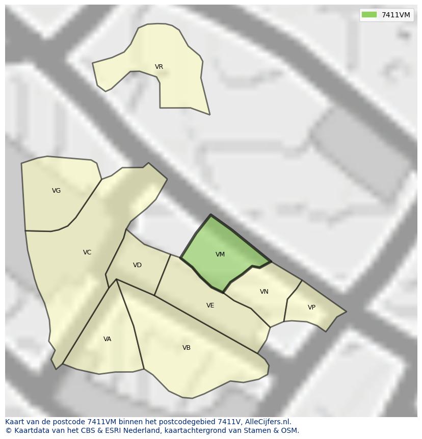 Afbeelding van het postcodegebied 7411 VM op de kaart.
