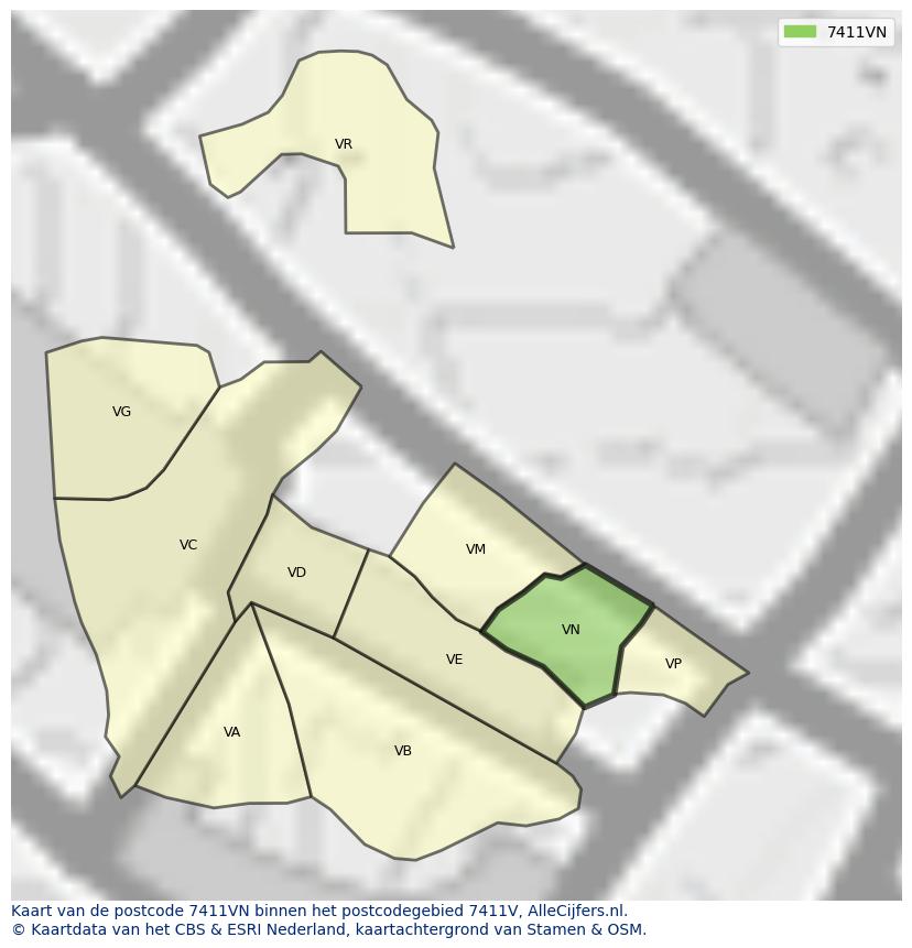 Afbeelding van het postcodegebied 7411 VN op de kaart.