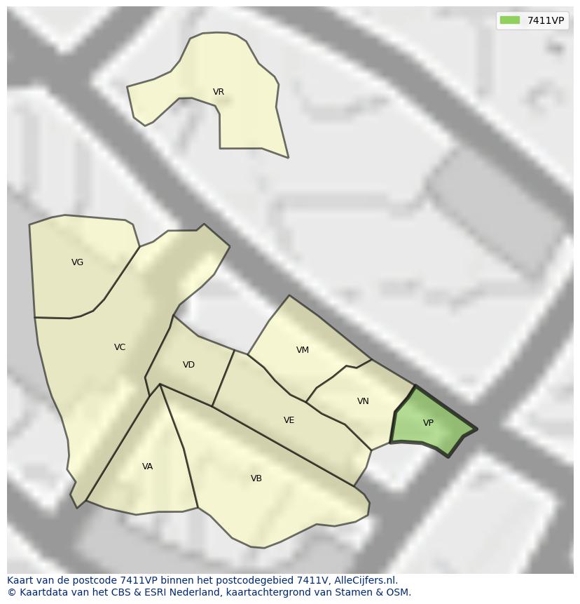 Afbeelding van het postcodegebied 7411 VP op de kaart.