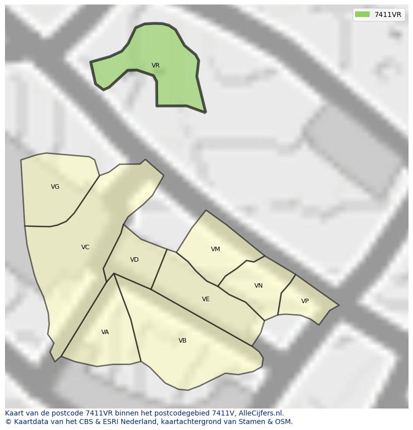 Afbeelding van het postcodegebied 7411 VR op de kaart.