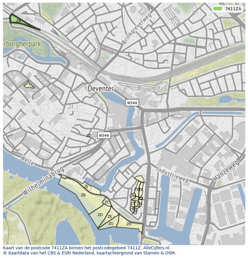 Afbeelding van het postcodegebied 7411 ZA op de kaart.