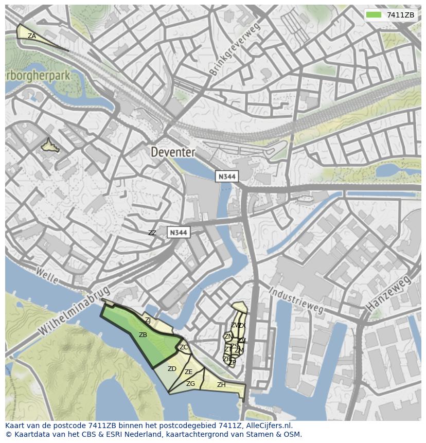 Afbeelding van het postcodegebied 7411 ZB op de kaart.