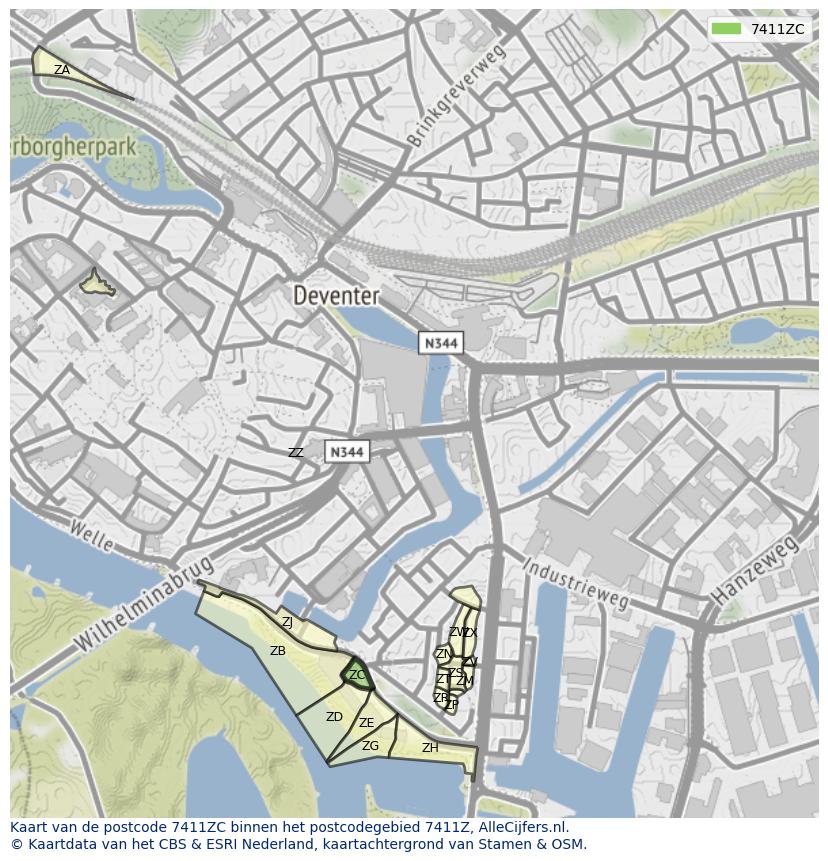 Afbeelding van het postcodegebied 7411 ZC op de kaart.