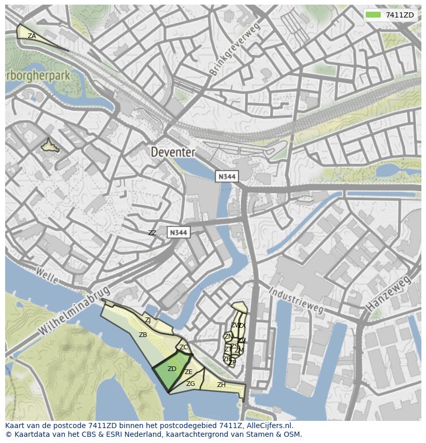 Afbeelding van het postcodegebied 7411 ZD op de kaart.