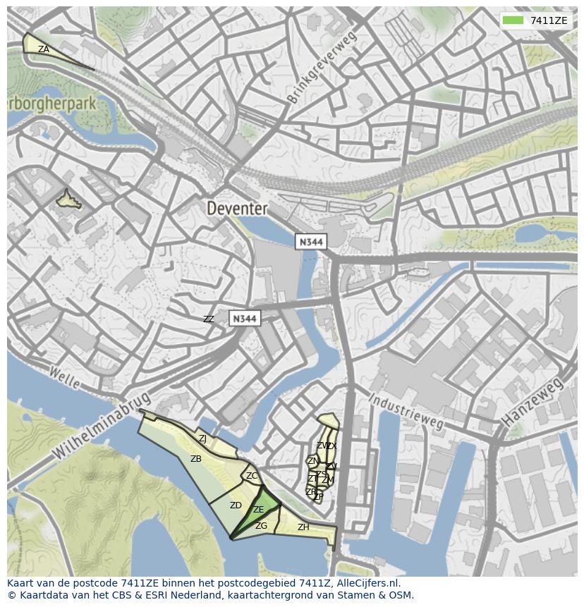 Afbeelding van het postcodegebied 7411 ZE op de kaart.
