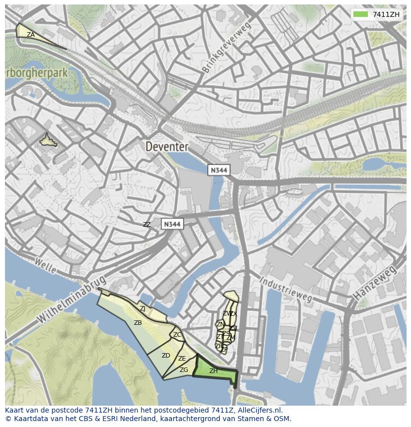Afbeelding van het postcodegebied 7411 ZH op de kaart.