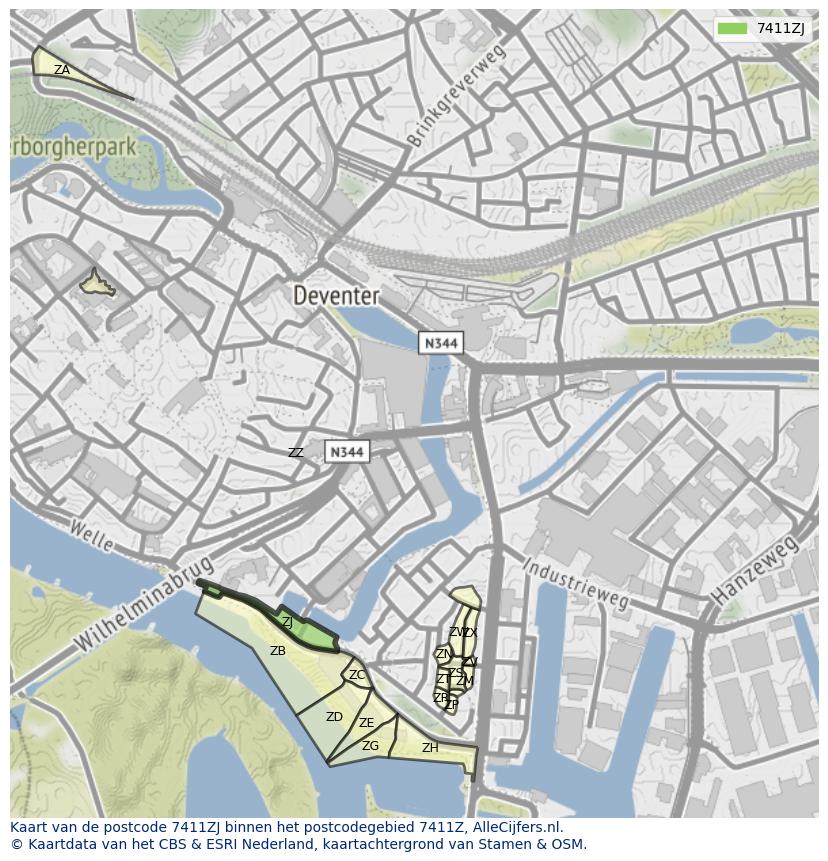 Afbeelding van het postcodegebied 7411 ZJ op de kaart.
