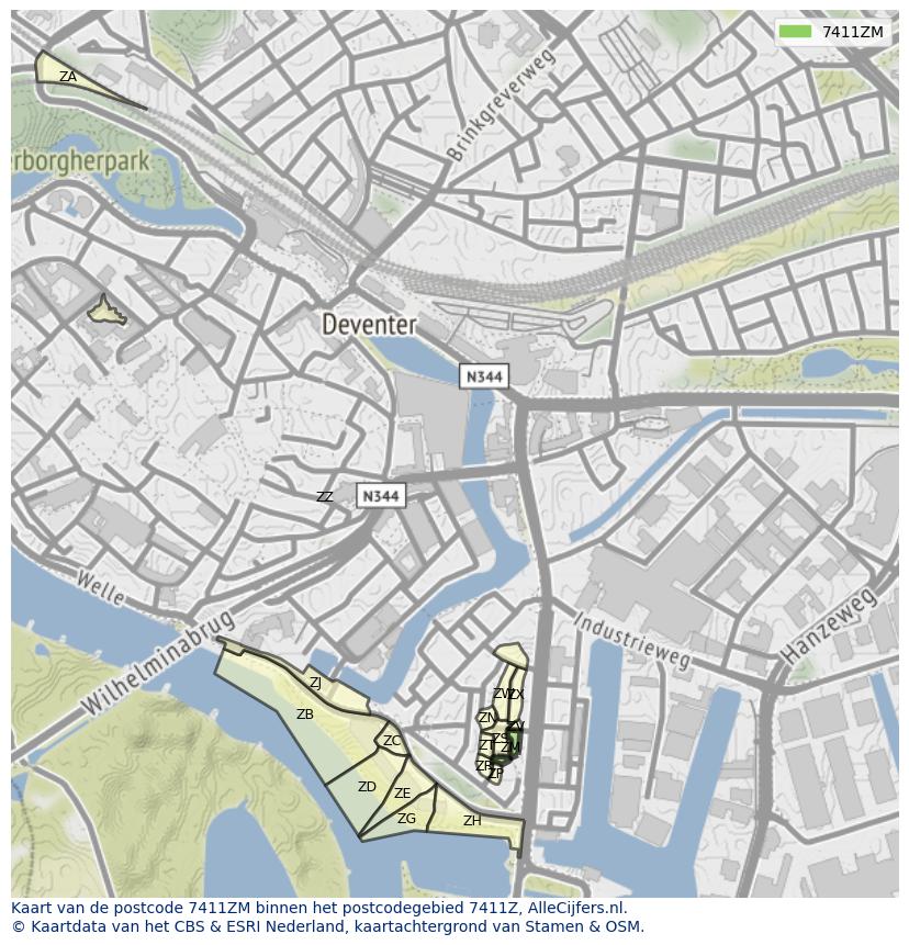 Afbeelding van het postcodegebied 7411 ZM op de kaart.