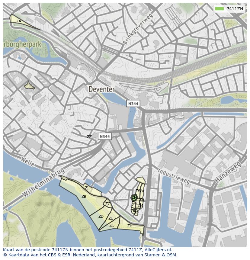 Afbeelding van het postcodegebied 7411 ZN op de kaart.