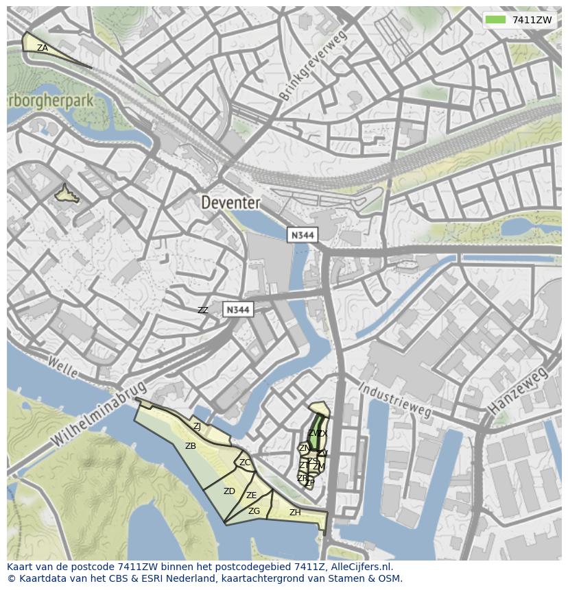 Afbeelding van het postcodegebied 7411 ZW op de kaart.