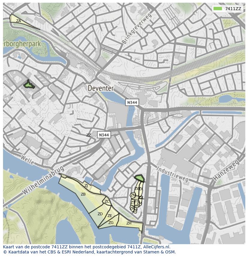 Afbeelding van het postcodegebied 7411 ZZ op de kaart.
