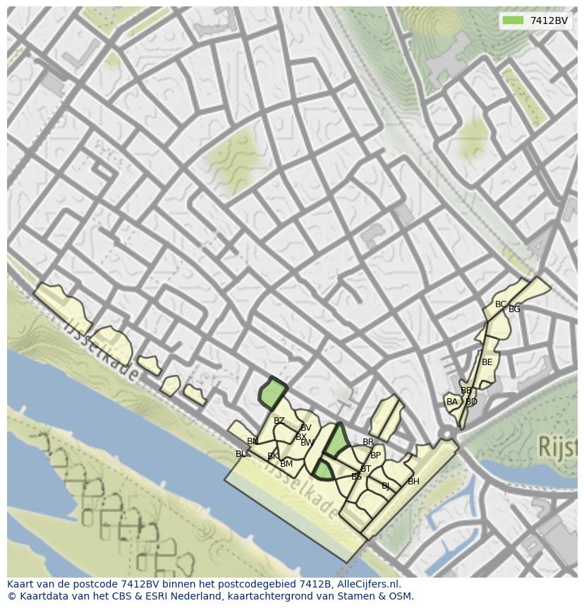 Afbeelding van het postcodegebied 7412 BV op de kaart.