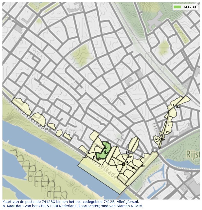 Afbeelding van het postcodegebied 7412 BX op de kaart.