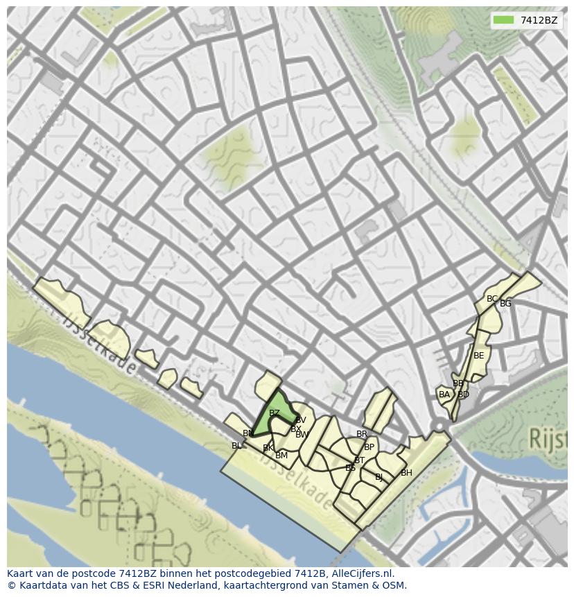 Afbeelding van het postcodegebied 7412 BZ op de kaart.