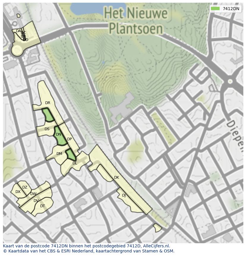 Afbeelding van het postcodegebied 7412 DN op de kaart.