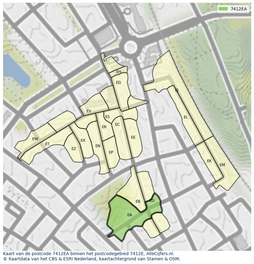 Afbeelding van het postcodegebied 7412 EA op de kaart.