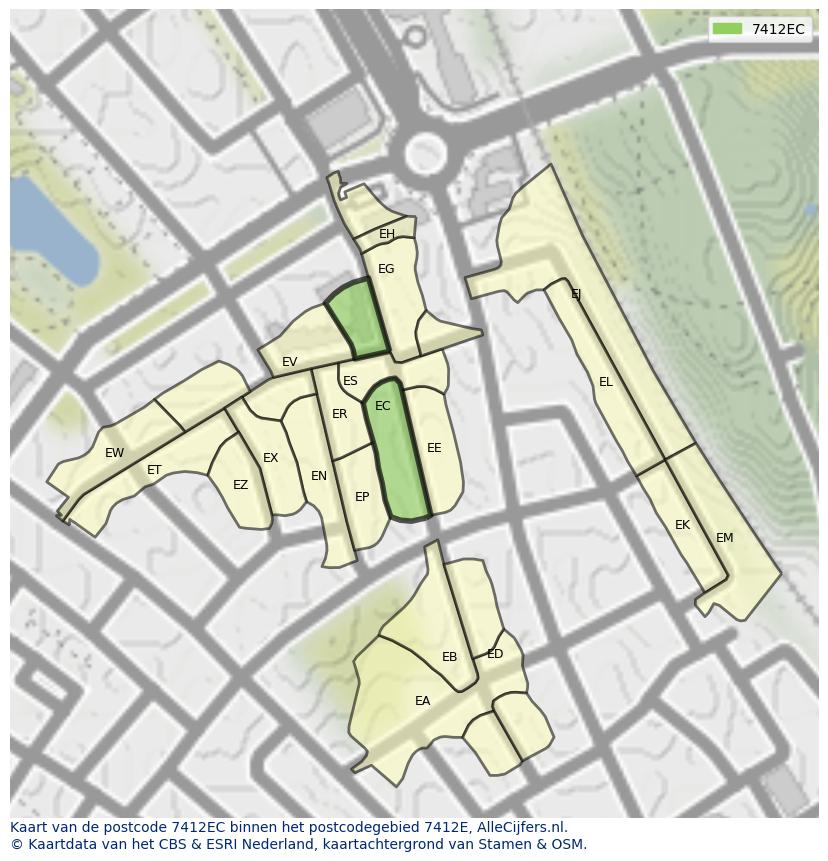 Afbeelding van het postcodegebied 7412 EC op de kaart.