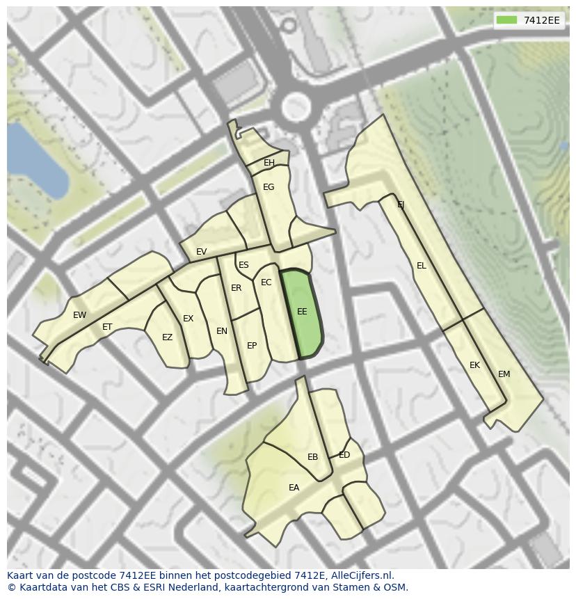 Afbeelding van het postcodegebied 7412 EE op de kaart.