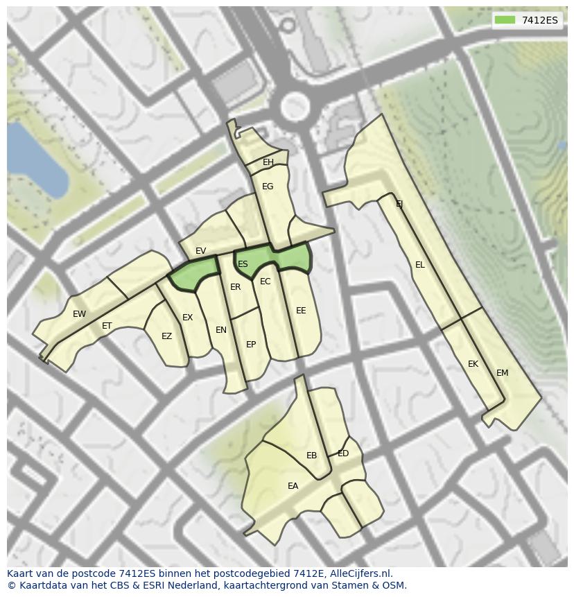 Afbeelding van het postcodegebied 7412 ES op de kaart.
