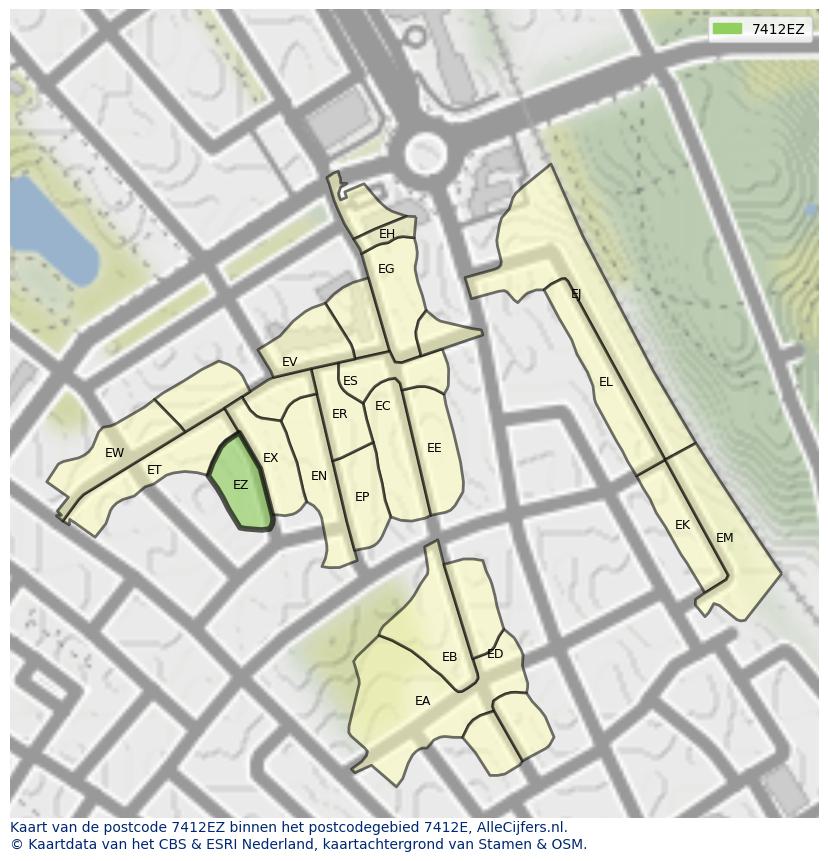 Afbeelding van het postcodegebied 7412 EZ op de kaart.