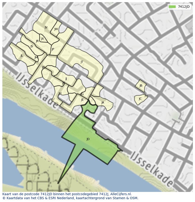 Afbeelding van het postcodegebied 7412 JD op de kaart.