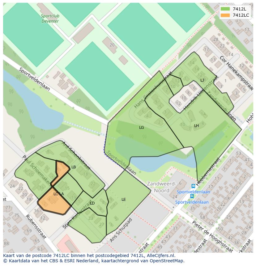 Afbeelding van het postcodegebied 7412 LC op de kaart.