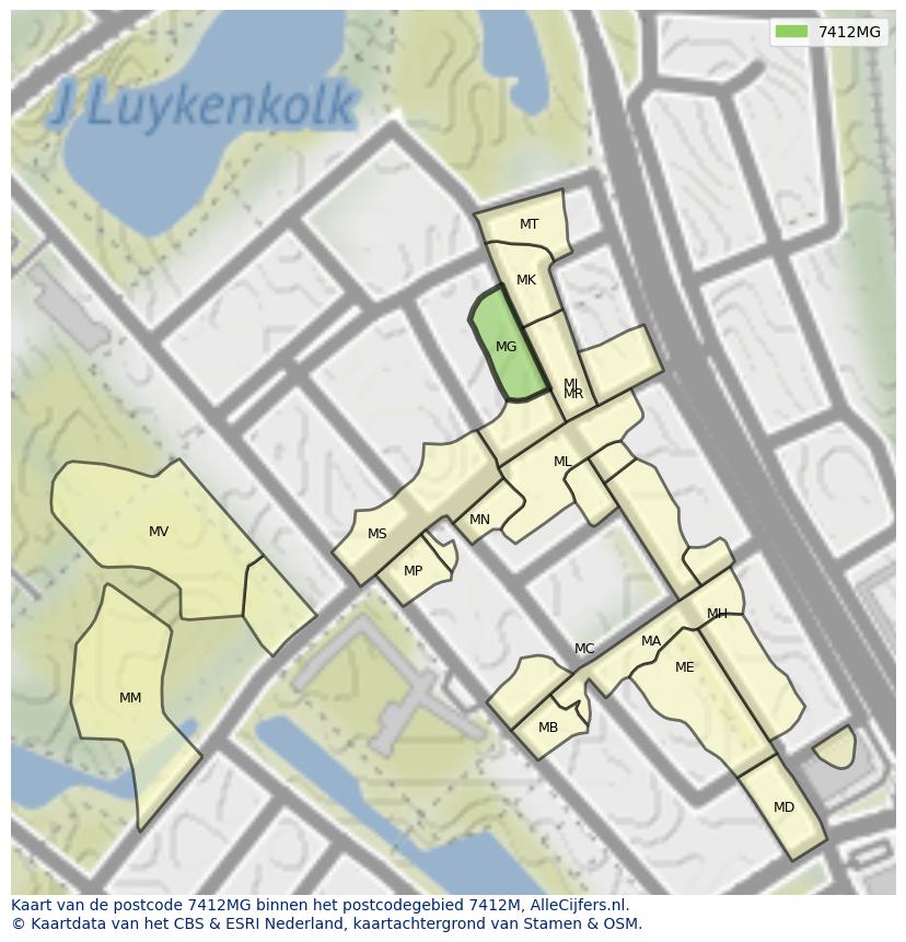 Afbeelding van het postcodegebied 7412 MG op de kaart.