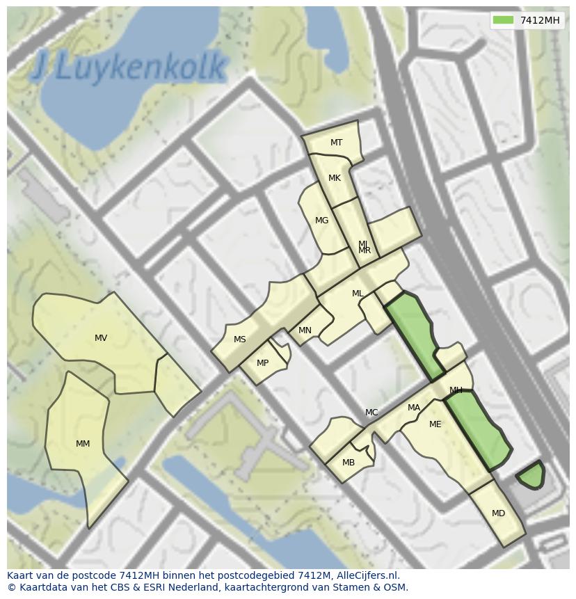 Afbeelding van het postcodegebied 7412 MH op de kaart.