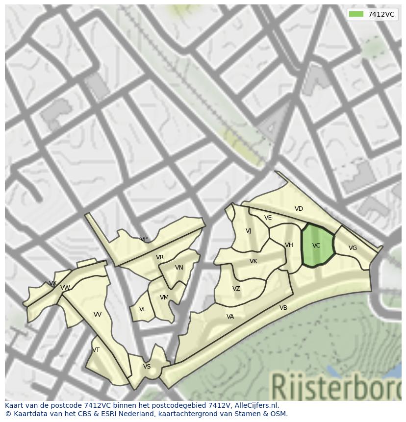 Afbeelding van het postcodegebied 7412 VC op de kaart.