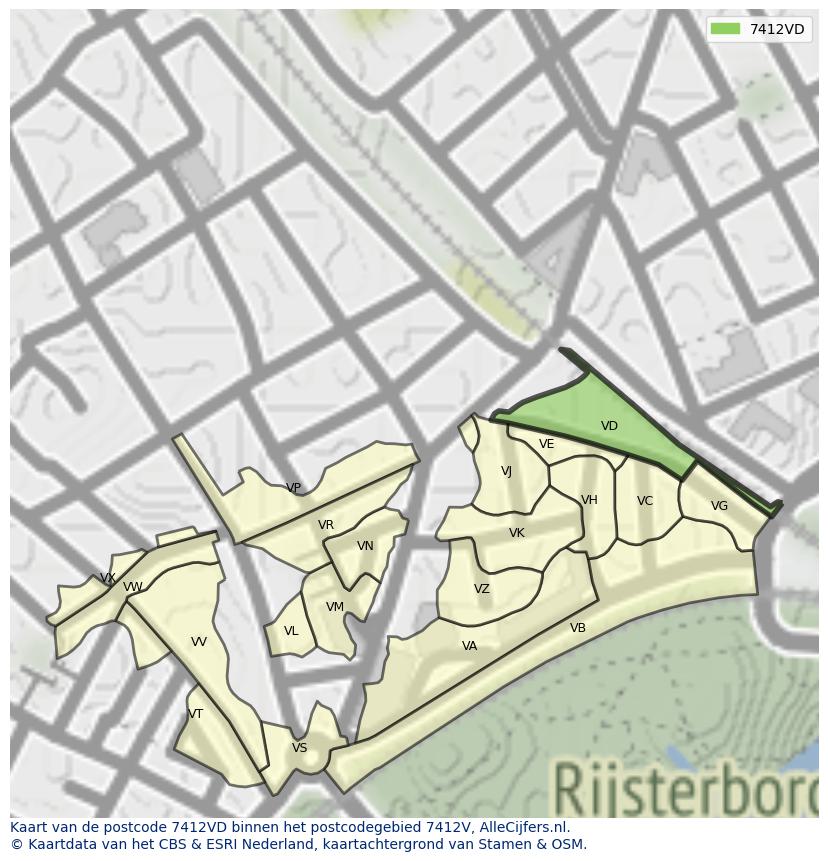 Afbeelding van het postcodegebied 7412 VD op de kaart.