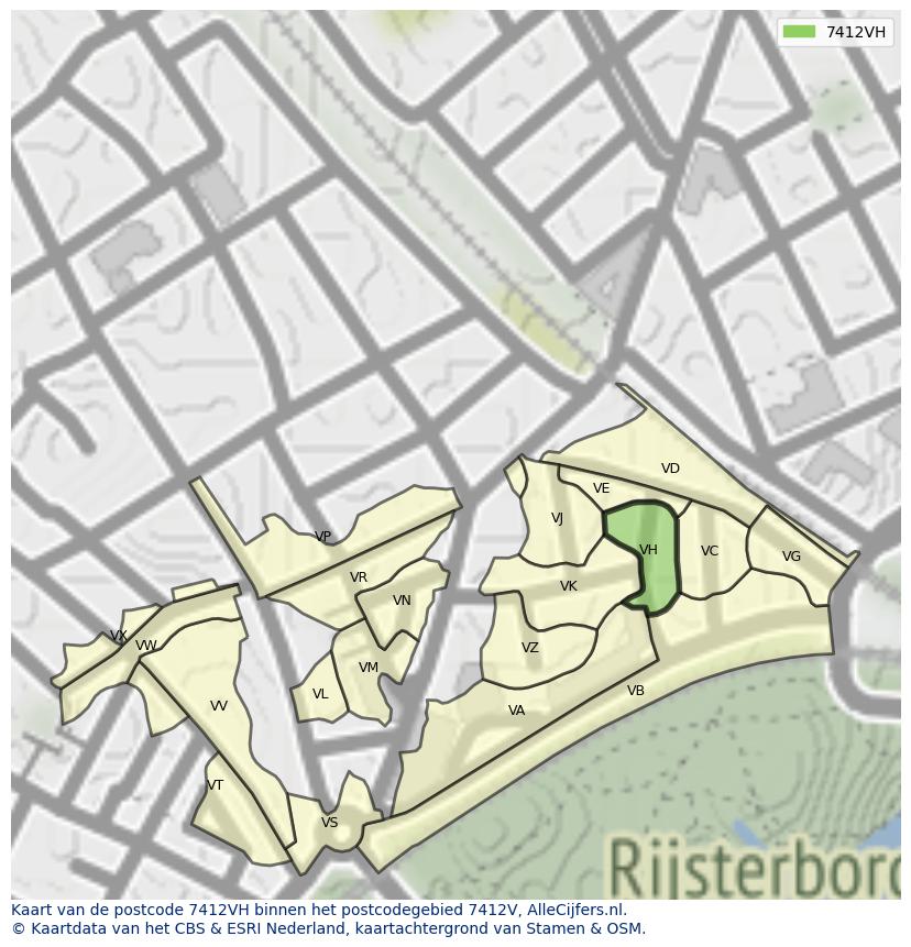 Afbeelding van het postcodegebied 7412 VH op de kaart.