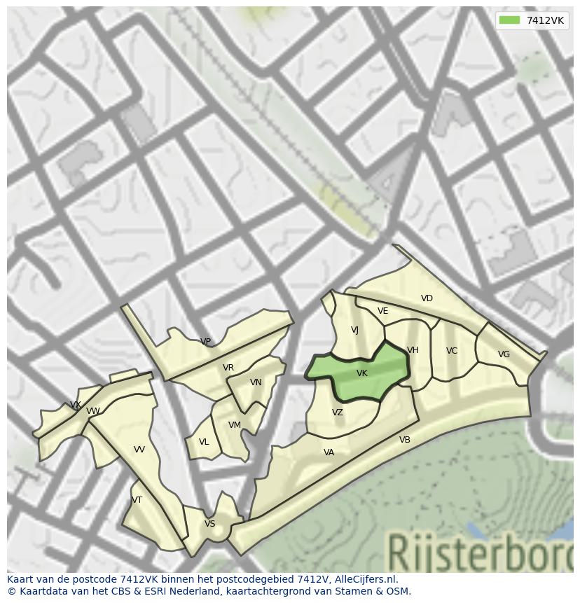 Afbeelding van het postcodegebied 7412 VK op de kaart.