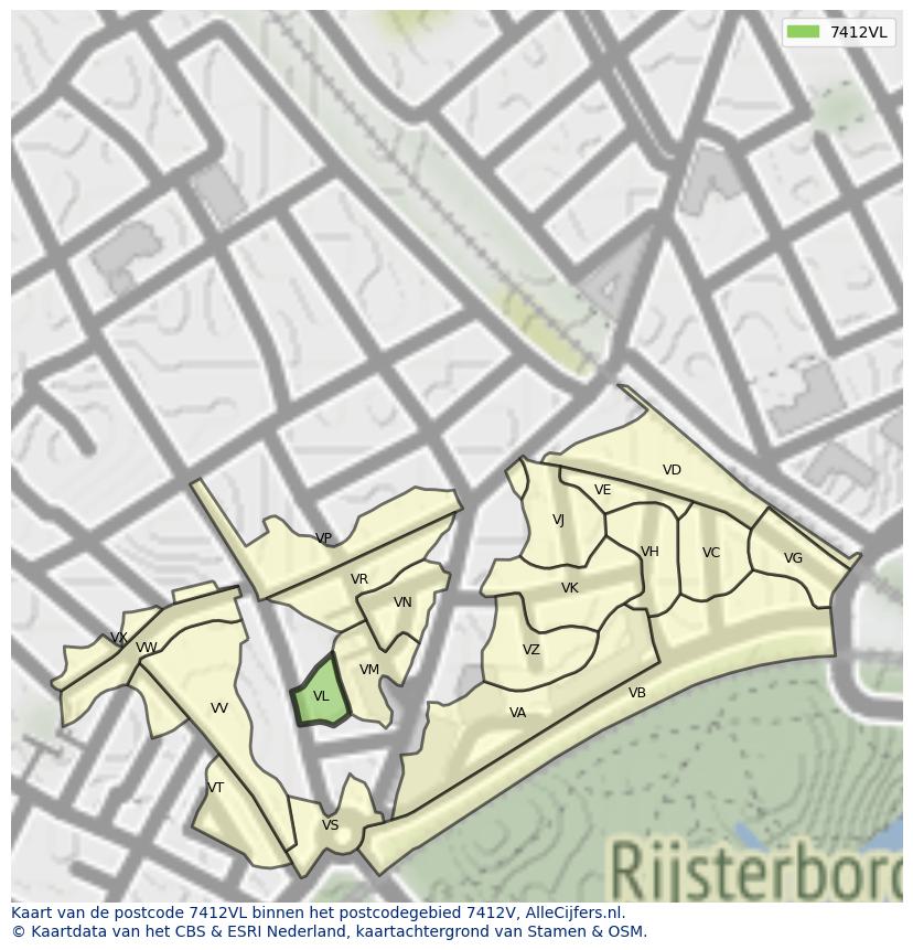 Afbeelding van het postcodegebied 7412 VL op de kaart.