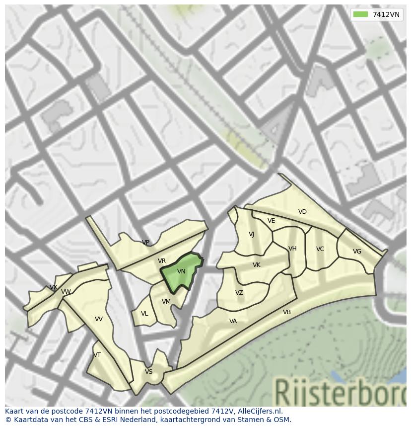 Afbeelding van het postcodegebied 7412 VN op de kaart.
