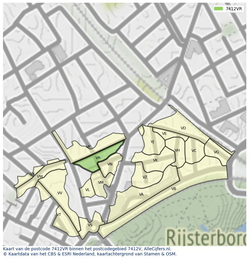 Afbeelding van het postcodegebied 7412 VR op de kaart.