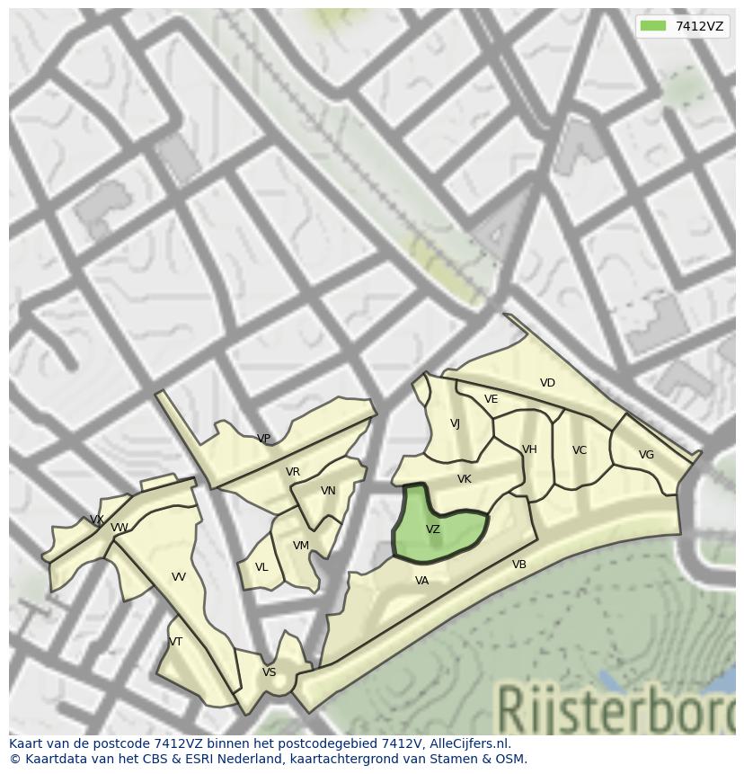 Afbeelding van het postcodegebied 7412 VZ op de kaart.