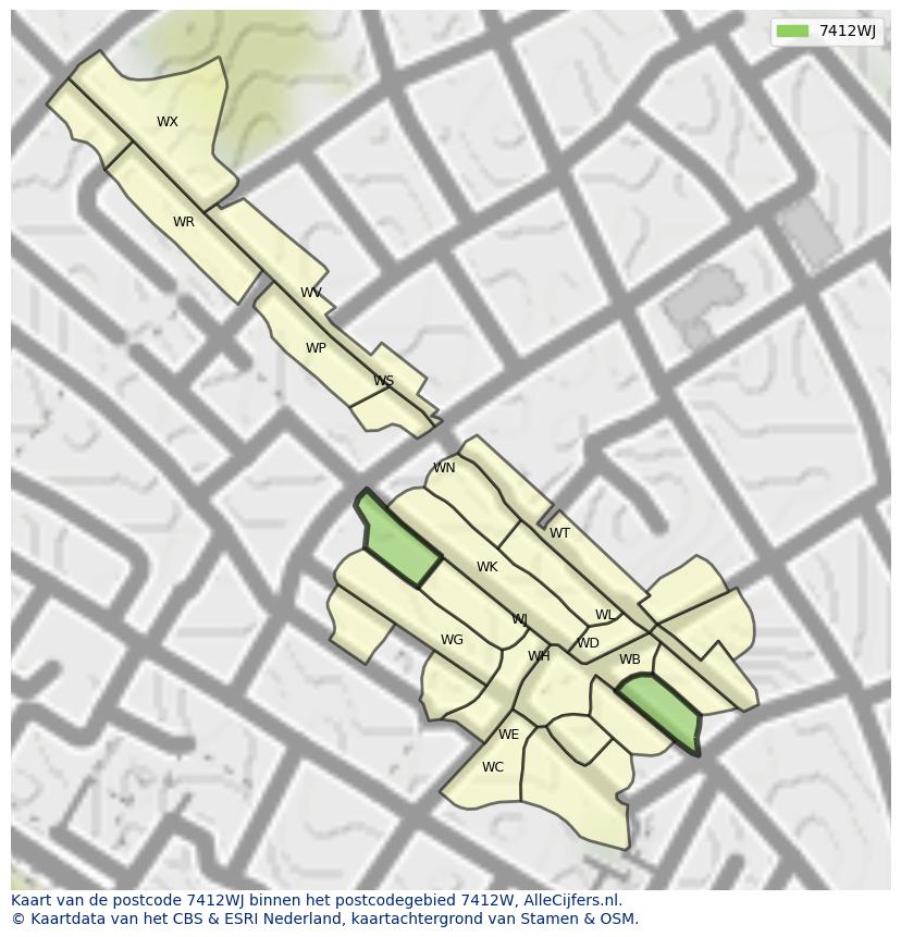 Afbeelding van het postcodegebied 7412 WJ op de kaart.