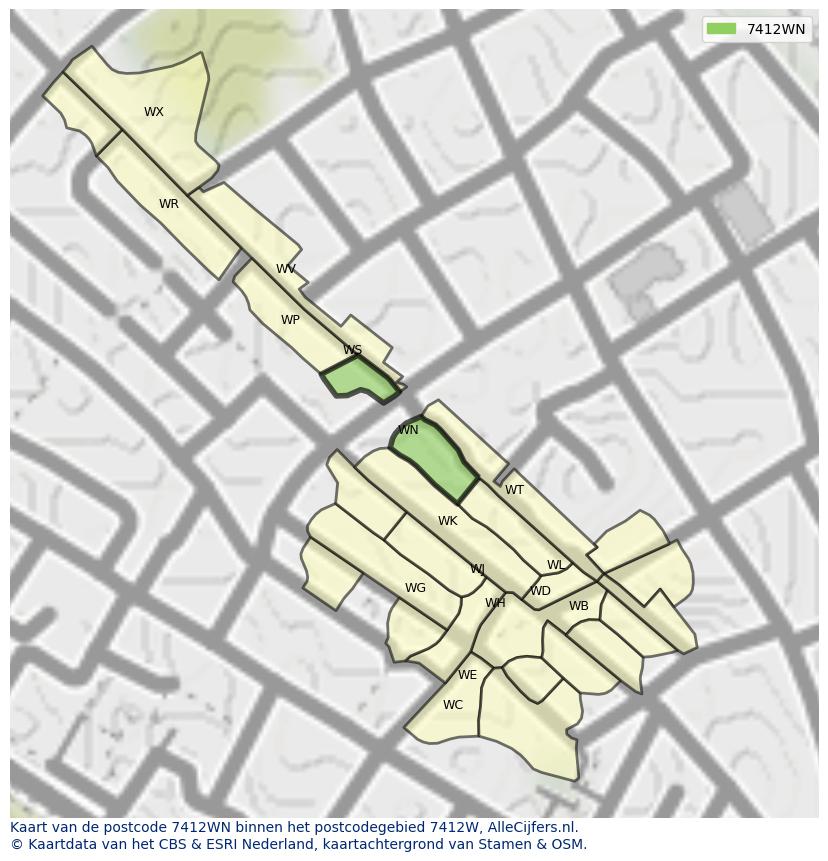 Afbeelding van het postcodegebied 7412 WN op de kaart.