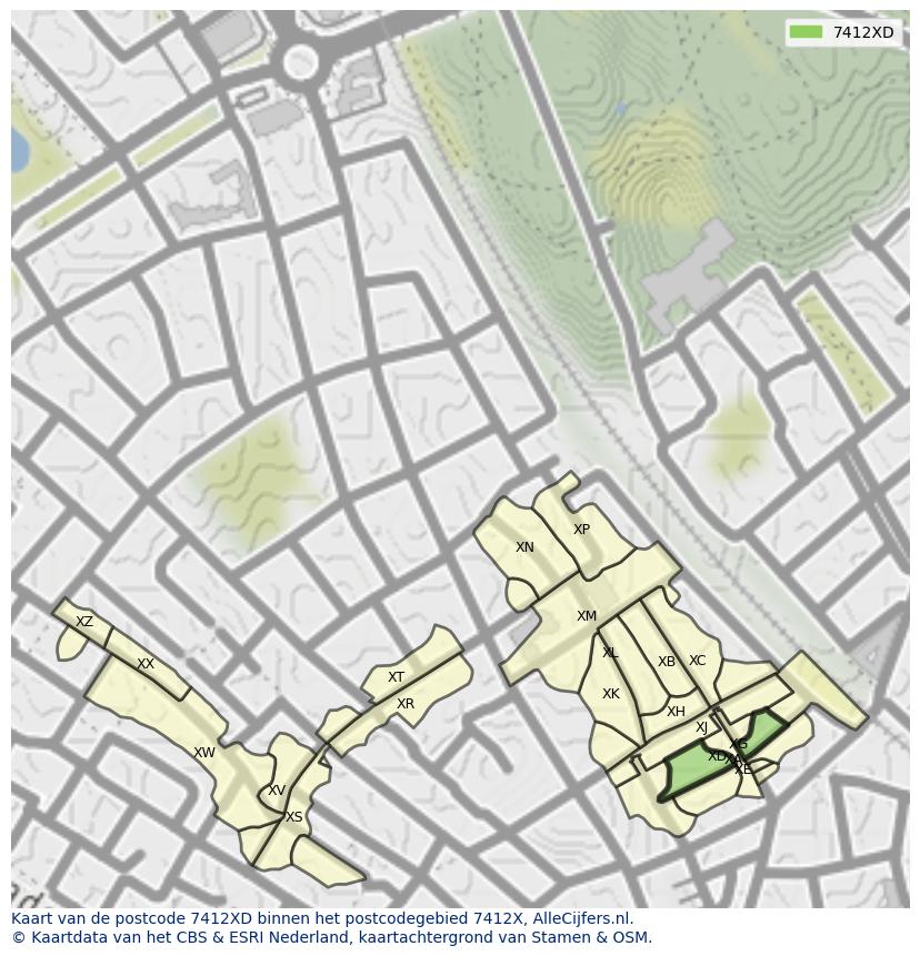 Afbeelding van het postcodegebied 7412 XD op de kaart.